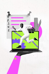 Vertical image 3d collage of happy businesswoman businessman stand laptop paper sticker plan development graph gearwheel