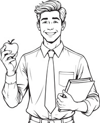 The Smiling Teacher: An illustration of a cheerful young teacher in a crisp shirt and tie holds an apple and notebook, perfect for educational or back-to-school themes.
