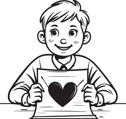 Smiling Boy with Love Letter: A young boy, brimming with happiness, offers a heartfelt love letter adorned with a bold heart, portraying affection, tenderness, and innocence.