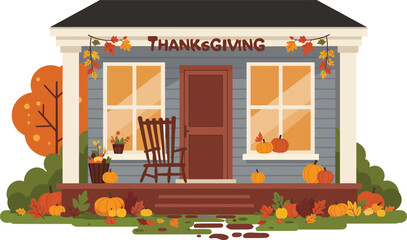 Obraz premium Thanksgiving decorated house porch with autumn leaves pumpkins and rocking chair seasonal celebration vector illustration 