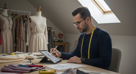 Male fashion designer sketching on a digital tablet in his creative workshop, creating a new clothing collection.