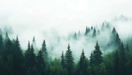 Fototapeta premium The landscape of PNG features misty forest mountains with pine trees, exemplifying the beauty of nature outdoors