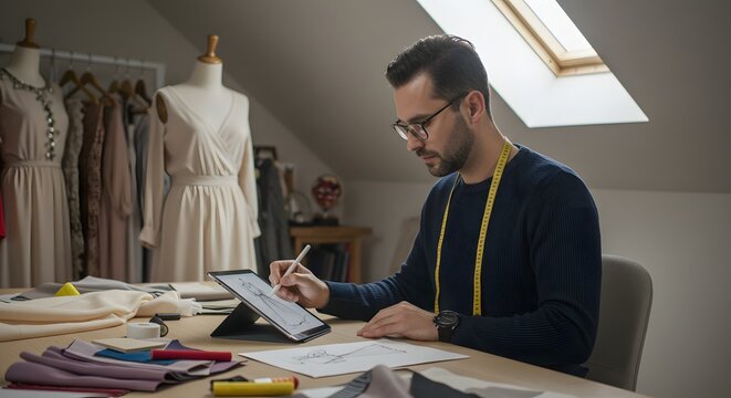 Male fashion designer sketching on a digital tablet in his creative workshop, creating a new clothing collection. - Powered by Adobe