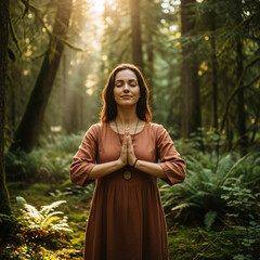 Naklejka premium .A calm woman with her eyes closed, meditating in a sunlit forest
