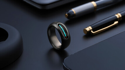 Smart ring on desk, wearable health tracker, biohacking performance tech, modern productivity tools, biometric data accessory, sleek digital lifestyle