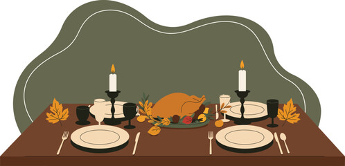 Thanksgiving dinner table setting with roasted turkey candles and autumn leaves vector illustration 