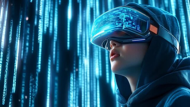 Young woman in high-tech virtual reality headset experiencing digital environment with glowing blue data streams. Futuristic technology concept with immersive digital landscape. - Powered by Adobe