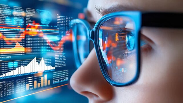 Close-up of glasses reflecting dynamic stock market data visualization with colorful graphs, charts, and digital interface elements in blue and orange tones. - Powered by Adobe