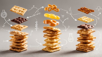 Sharp image of various processed snack stacks connected by dynamic arrows to faint disease symbols in the background illustrating the health impact of unhealthy eating habits.