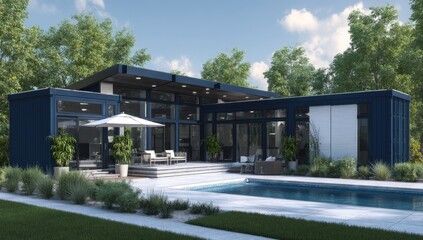 Fototapeta premium Modern navy home with pool and patio