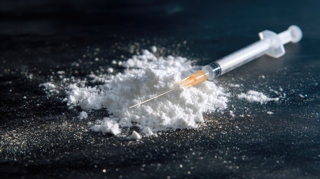 White granular substance forms a small pile on a dark textured surface. A clean empty medical syringe with a sharp needle lies beside it. This combination suggests extreme peril.