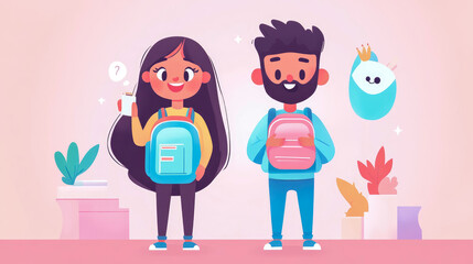 Naklejka premium Cheerful cartoon illustration of diverse young students with backpacks, accompanied by whimsical elements and soft pastel backgrounds, depicting learning and new experiences