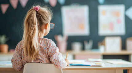 Blonde-haired young child with glasses attentively studying from behind in bright classroom or home learning environment, emphasizing childhood education and focus