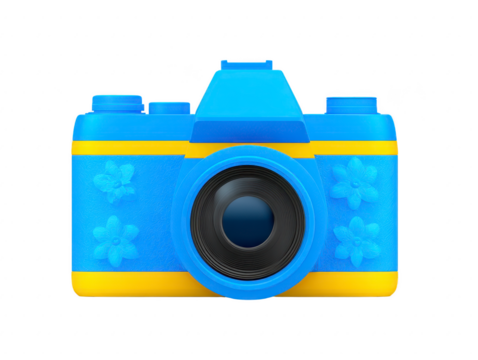 Colorful camera with playful design featuring blue and yellow colors, adorned with floral patterns. This vibrant camera is perfect for capturing joyful moments and adds fun touch to photography