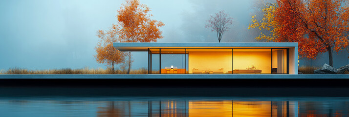 Fototapeta premium Modern minimalist glass house with warm interior lights overlooking calm water, surrounded by vibrant autumn trees and their serene reflections under tranquil sky