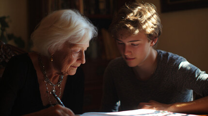 Elderly woman and young man sharing a thoughtful moment in a cozy home setting