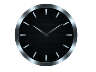 Modern wall clock with sleek silver frame and minimalist design, featuring dark face and simple hour markers. This elegant timepiece adds touch of sophistication to any space