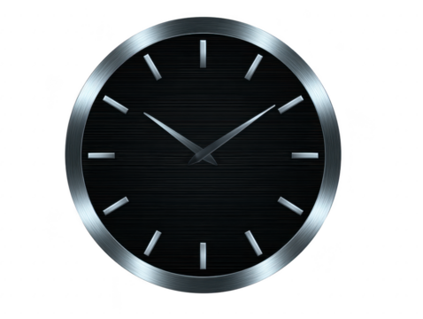 Modern wall clock with sleek silver frame and minimalist design, featuring dark face and simple hour markers. This elegant timepiece adds touch of sophistication to any space