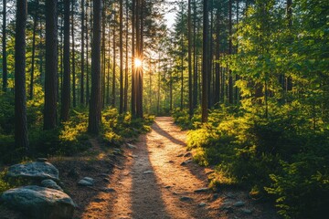 A pathway through the woods is bathed in morning sunlight, creating a magical scenic atmosphere
