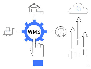 Obraz premium Hand pointing at WMS gear surrounded by warehouse, trolley, cloud security, arrows, and globe. Ideal for logistics, storage, inventory, digitalization global trade growth and data integration