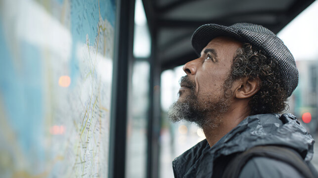 Thoughtful middle-aged man in flat cap studying map at urban bus stop on cloudy day