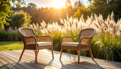 Obraz premium Two Wicker Chairs on Patio with Golden Sunlight and Pampas Grass