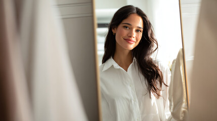 Young woman in white shirt smiling softly at her reflection in the mirror, exuding calm and natural confidence