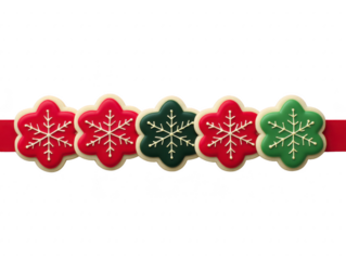 Festive snowflake cookies in red, green, and white colors arranged in decorative pattern. Perfect for holiday celebrations and seasonal gatherings, these treats add cheerful touch to any occasion