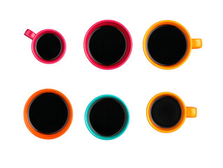 Brightly colored coffee mugs arranged in visually appealing layout, showcasing various sizes and shapes. vibrant hues of red, orange, and teal create cheerful atmosphere, perfect for coffee lovers