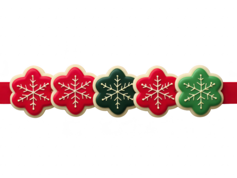 Festive snowflake cookies in red, green, and white colors arranged in decorative pattern. Perfect for holiday celebrations and seasonal gatherings, these treats add cheerful touch to any occasion