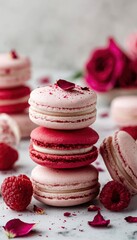 Stacked pink and red macarons are surrounded by roses and raspberries on a marble surface