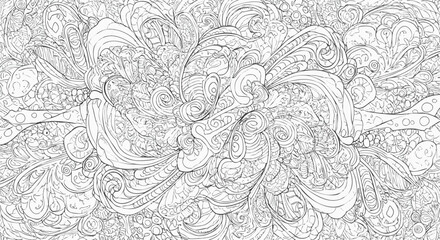 Intricate black and white abstract background with hand-drawn swirling patterns and organic shapes. A detailed vector line art illustration.