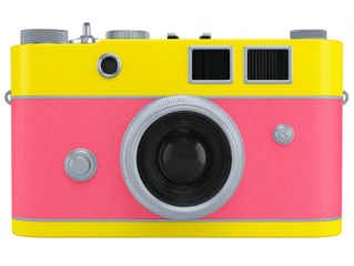 Vibrant camera featuring bright yellow top and pink body, showcasing retro design with silver accents. This stylish camera evokes sense of nostalgia and creativity