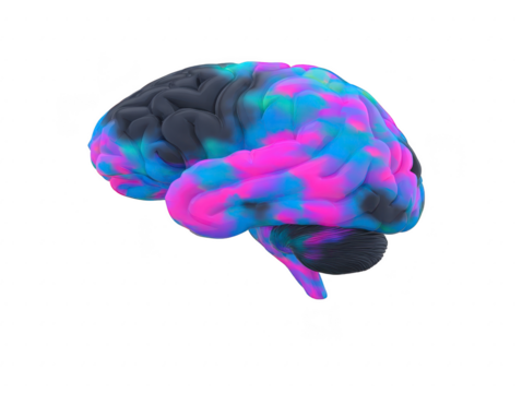 Colorful, abstract representation of human brain, showcasing vibrant hues of blue, pink, and black. This artistic depiction emphasizes complexity and beauty of human mind, evoking curiosity