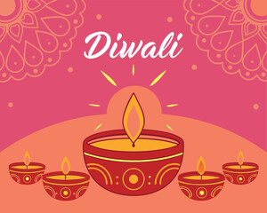 Vibrant Diwali Illustration with Lit Diyas and Mandala Design Festive Hindu Celebration Card Backdrop