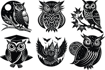 Owl Sitting on Crescent Moon Silhouette for Halloween

