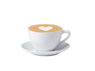 Warm cup of coffee with heart shaped foam design sits on white saucer, evoking feelings of comfort and love. This delightful beverage is perfect for cozy moments