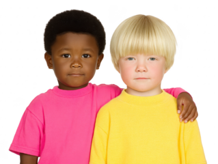 Two children standing together, one with dark skin wearing pink shirt and other with light skin wearing yellow shirt, both smiling and showing friendship