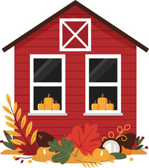 Obraz premium Red barn with autumn leaves and pumpkins seasonal harvest decoration vector illustration 