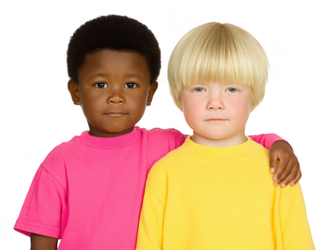 Two children standing together, one with dark skin wearing pink shirt and other with light skin wearing yellow shirt, both smiling and showing friendship
