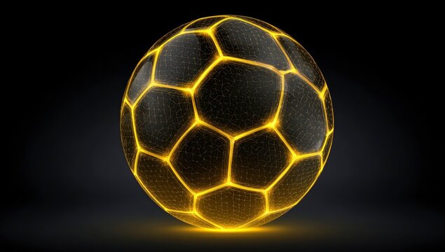 A luminous black sphere with glowing yellow polygonal cells rests on a dark surface