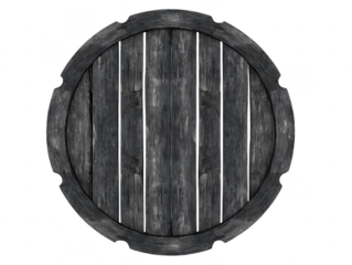 Round wooden barrel with dark, weathered appearance, featuring horizontal planks and rustic design that evokes sense of age and craftsmanship