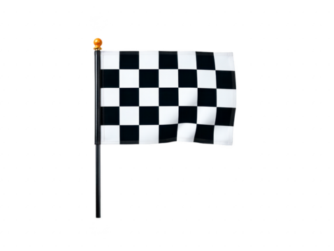 Checkered flag waving in wind, symbolizing racing and competition, often used in motorsports events to signal end of race