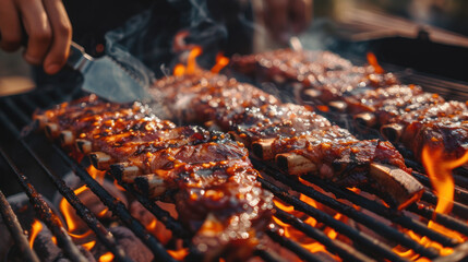 Barbecue ribs sizzling on a grill, with flames and smoke creating an appetizing scene for a summer cookout.