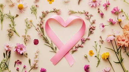 A beautiful arrangement of delicate flowers surrounding a pink ribbon shaped like a heart. This image symbolizes love, hope, and support in the fight against breast cancer.