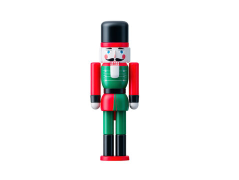 Colorful nutcracker figurine with traditional design, featuring red and green color scheme, tall hat, and cheerful expression. This festive decoration adds charm to holiday decor