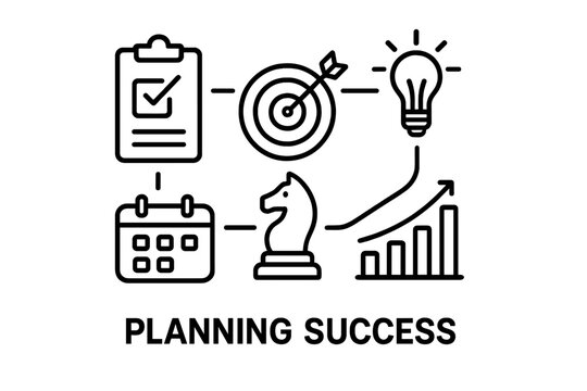 Business planning success concept with strategy and goal icons planning success diagram
