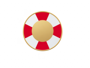 Round life preserver with alternating red and white sections, featuring central gold area. This safety device symbolizes rescue and protection, often associated with water activities