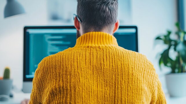 Back view of man in Yellow Sweater coding on Computer, Programer, Developer