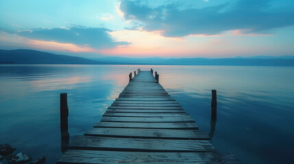 Obraz premium Calm waters meet a weathered pier, reflecting a peaceful sunset sky. Serenity at its finest.